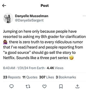 A screenshot of a Twitter post made my Danyelle Musselman asking fans to leave her and Arkansas head coach Eric Musselman's daughter alone.